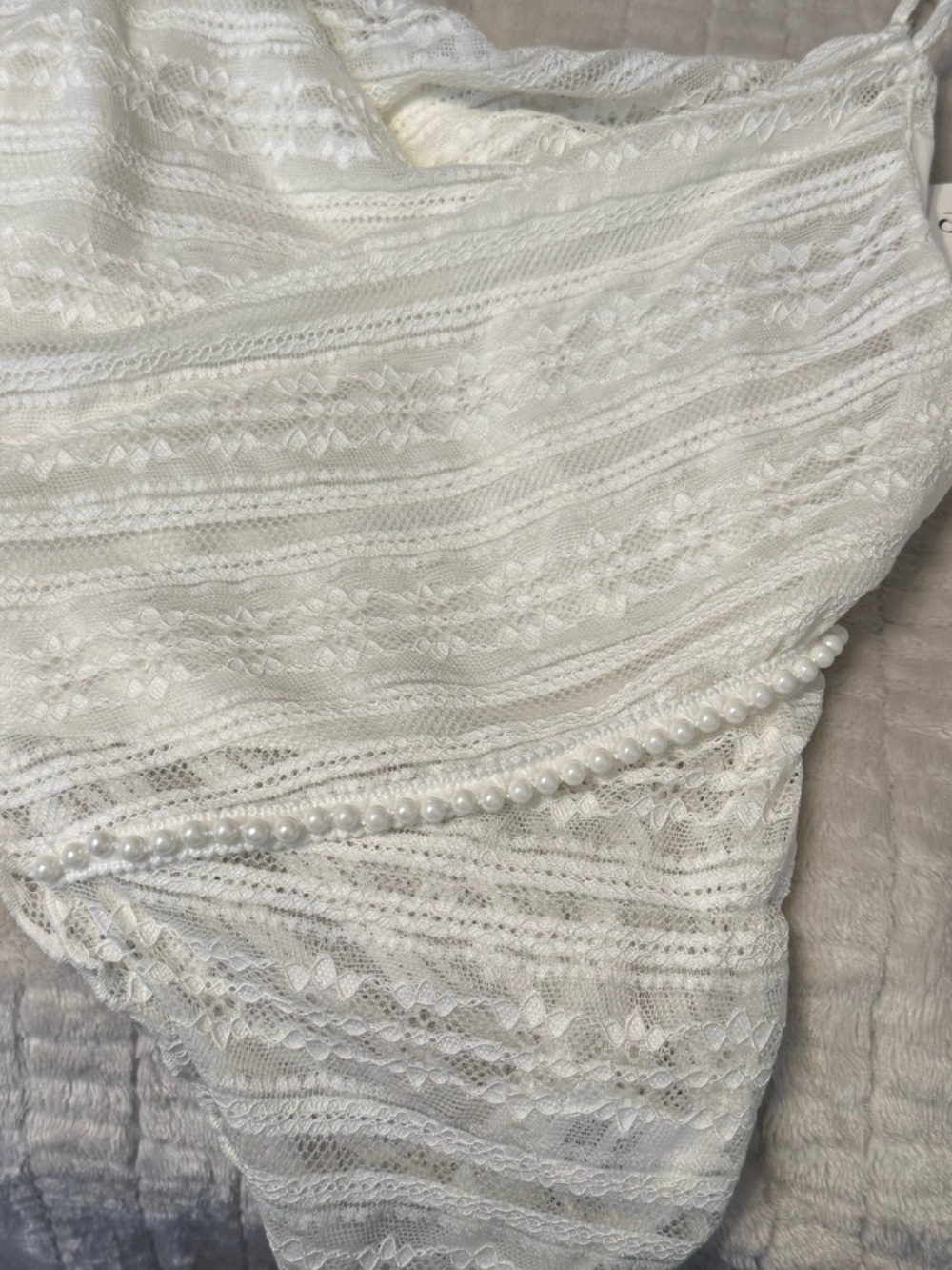 SOLD Lace Camisole XL Ivory Pearl Trim Asymmetrical Y2K Coquette Top - Picture 6 of 12